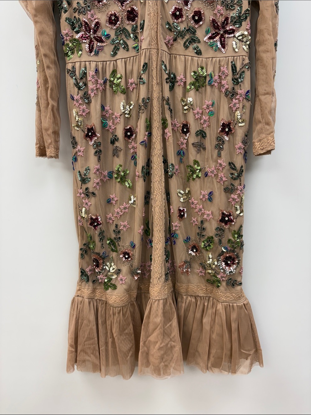 Frock and Frill Floral Sequin Embellished Mesh Ruffle A-Line Midi Dress Tan 12 - Picture 4 of 9